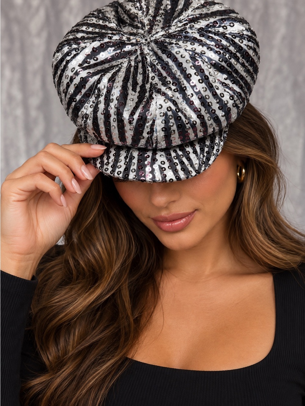 Silver & Black Sequin Striped Newsboy Cap, One Size, Women's Disco Party